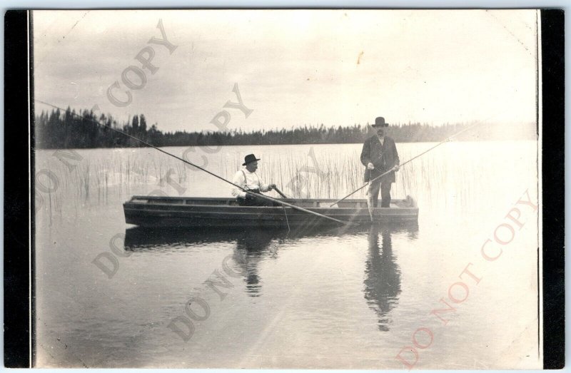 c1910s Cool Gentlemen Fishing Boat RPPC Lake Northern Pike Fish Real Photo A128