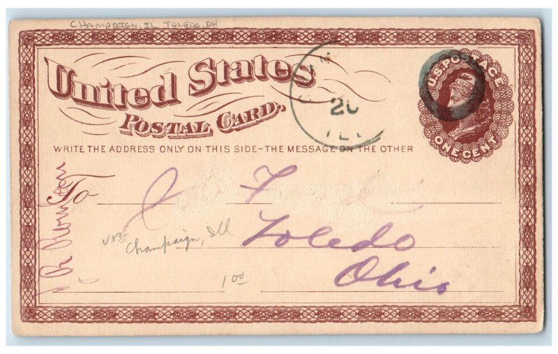 1875 Account Returned Champaign Illinois IL Toledo OH Antique Postal Card