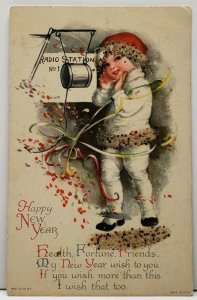 Happy New Year ADORABLE Little Girl on RADIO Beaded Confetti 1924 Postcard C19