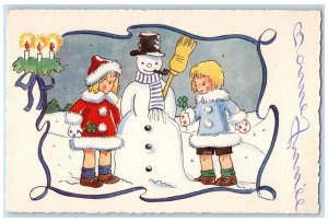 c1910's Christmas Childrens Clover Snowman Pipe Winter Snow Antique Postcard 