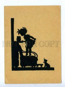 195783 GERMANY girl pot & cat Vintage silhouette postcard