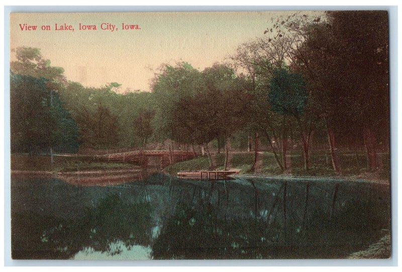 Scenic View On Lake Iowa City, Iowa IA, Tree-lined Nature Scene Antique Postcard