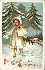 Christmas Int'l Art Little Girl in White Coat c1910 Vintage Postcard