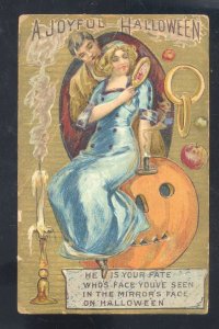 A JOYFUL HALLOWEEN VINTAGE POSTCARD LOVERS PRETTY WOMAN BLUE DRESS