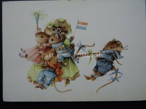 Mice at Play FLYING THE NETHERLANDS FLAG Artist M. Bastin c1980's Postcard