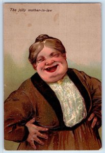 1908 The Jolly Mother In Law Fat Woman Embossed PFB Stockton IL Antique Postcard