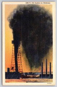 Mining~Oil Gushers At Work In Oklahoma~Vintage Postcard