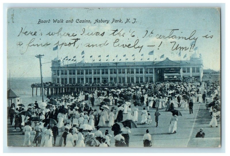 1908 Boardwalk And Casino Crowded Asbury Park New Jersey NJ Antique Postcard 