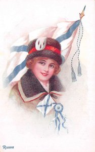 Russia Patriotic Girl with Flag National Costume Vintage Postcard AA67812