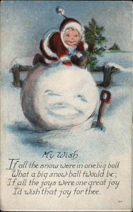 Christmas Little Boy as Santa on Giant Snowball c1910 Vintage Postcard