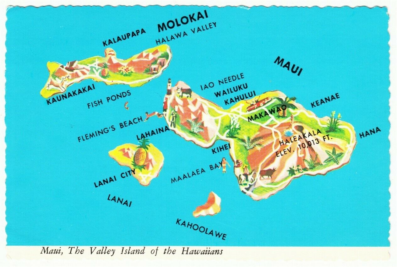 Postcard of Hawaii Maui Molokai and Lanai Island Map 1970s