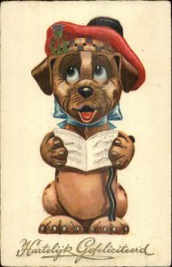 Greeting Fantasy Dog Wearing Beret Hat Singing From Sheet Music Postcard