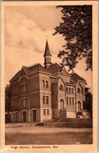Postcard ON Campbellford High School Building Religious Sticker 1930s K68