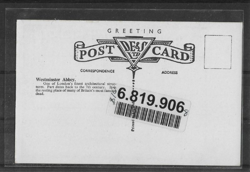 Postcard UK London, Westminster Abbey, Gothic Architecture, VF Unposted