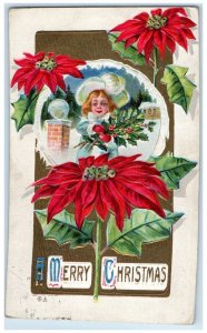 1914 Christmas Girl Holly Berries Poinsettia Flowers Embossed Nash Postcard