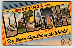 Greetings From Decatur Illinois Large Letter Linen Postcard Curt Teich Unused