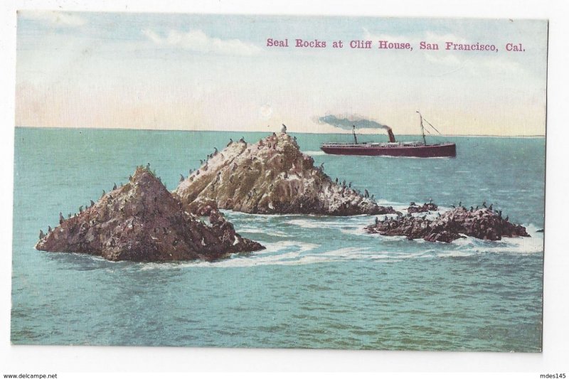 San Francisco CA Seal Rocks at Cliff House Steamer Ship Newman Postcard