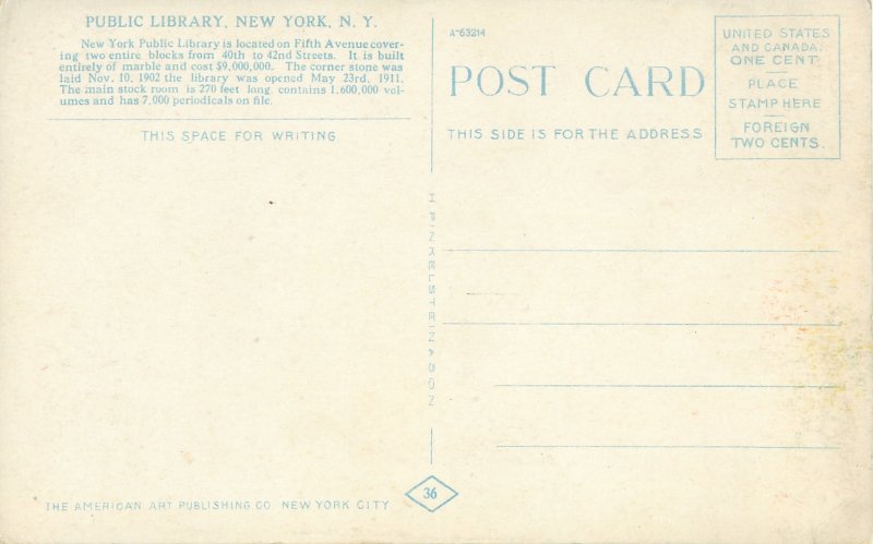 New York City Public Library Litho Unused