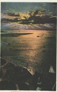 USA Sunset On New York Harbor New York City Vintage Postcard 08.88