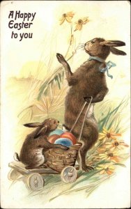 Easter Bunny Rabbit Wagon Eggs Embossed Tuck c1900s-10s Postcard