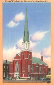 Chambersburg PA Central Presbyterian Church, Old Cars Linen Postcard Unused