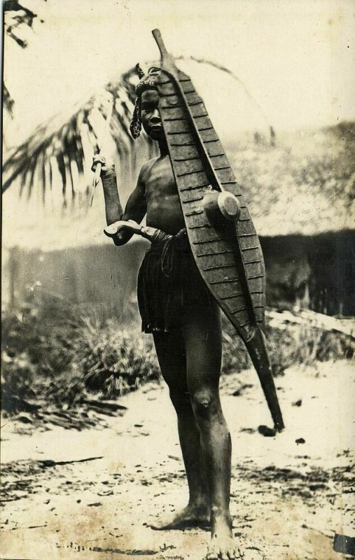 indonesia, NIAS, Native Warrior, Spear Shield Balato Sword 1920s RPPC Postcard 2