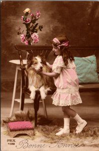 Girl & Her Dog French Hand Colored Vintage Postcard