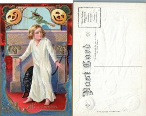 HALLOWEEN ANTIQUE EMBOSSED POSTCARD SCARED BOY FLYING WITCH JACK-O-LANTERN