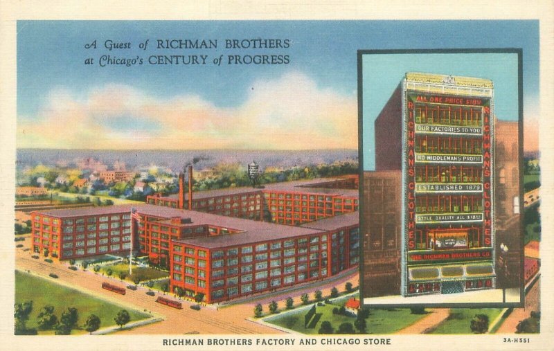 1933 Chicago Expo Richman Bros Factory & Store CT Art Colortone Postcard