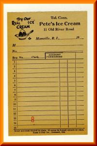 Pete's Ice Cream Order Slip/Check, Manville, Rhode Island/RI