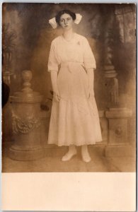 Portrait Of Woman Wearing White Dress Real Photo Postcard