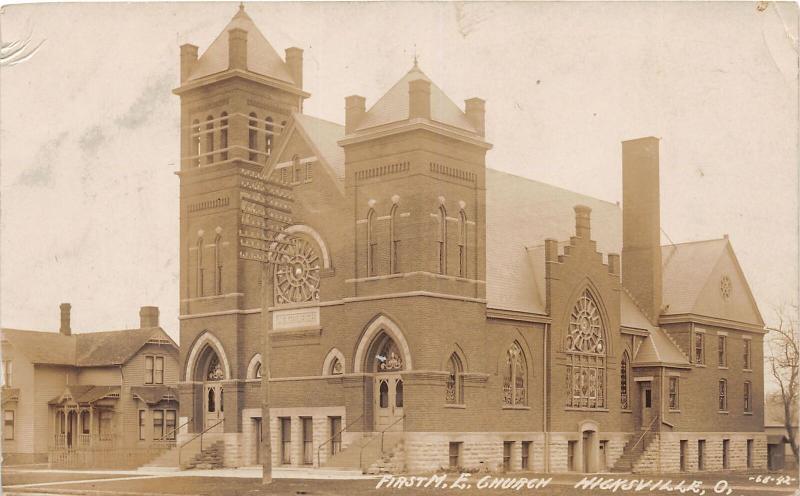 F11/ Hicksville Ohio RPPC Postcard 1909 First M.E. Church Building