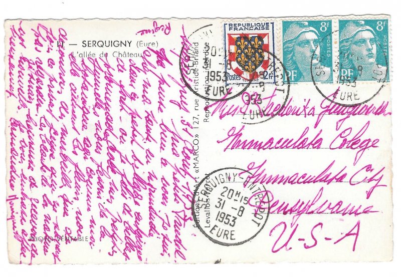 RPPC France Serquigny Allee de Chateau Eure Normandy MARCO RP 1953 Postcard
