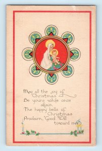 Joy of Christmas Baby Jesus & Mary Poinsettias Red Blue Poem Postcard C3