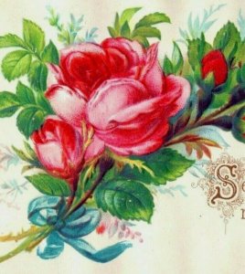 1870s-80s Victorian Religious Trade Card Bible Quote Pink Roses P101