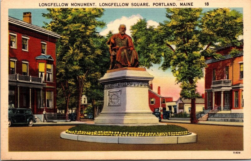 Longfellow Monument Square Portland Maine ME Linen Postcard UNP VTG Unused