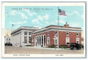 c1910's Home National Bank Post Office Looking West Arkansas City AR Postcard
