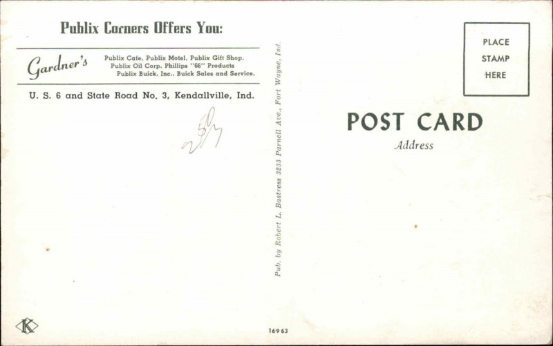 Kendallville Indiana IN Publix Corners Motel Caf� 1950s-60s Vintage Postcard