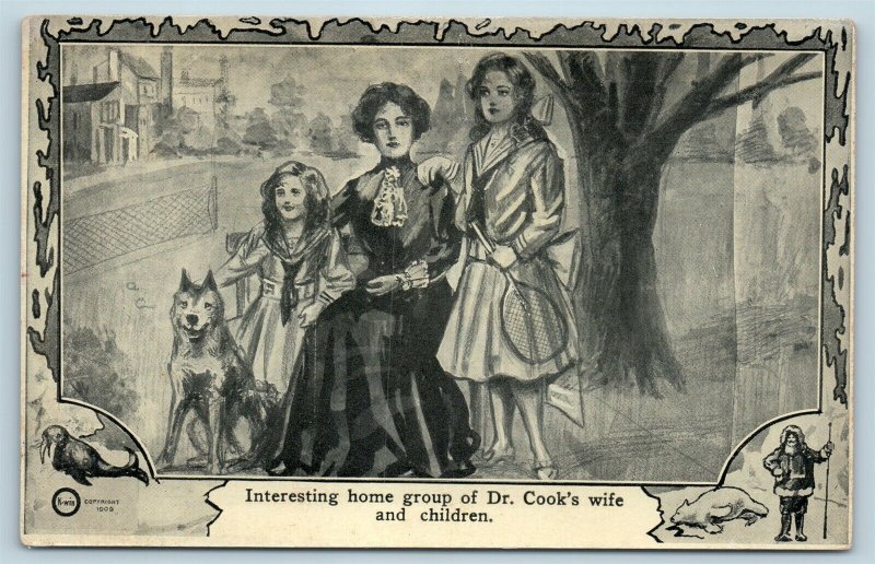 Postcard North Pole Explorer Frederick Cook's Wife Children Family Dog 1909 M2
