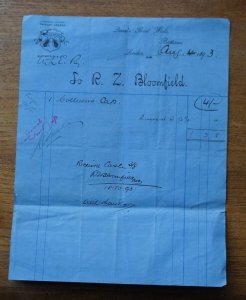R.Z. Bloomfield, Queen's Road Works, Battersea Invoice 1893 for 1 Collectors Cap