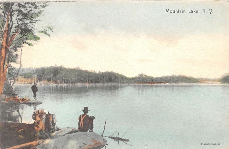 Mountain Lake New York~Man Fishing-Sitting on Rock~c1910 Hand-Colored Postcard