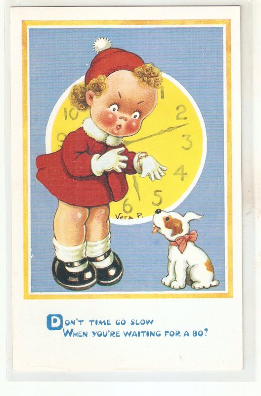 Vera Peterson. Little girl talking with pet Nice English Postcard 1950s