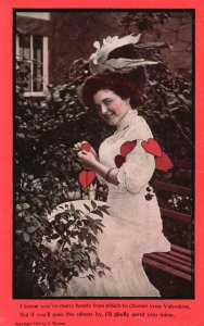 Vintage Postcard 1909 Valentine Beautiful Lady White Dress Making Red Hearts