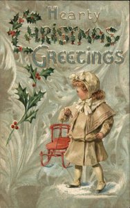 Christmas Little Girl Winter Children's Clothes Vintage Sled c1910 Postcard