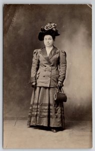 RPPC Victorian Woman Dress Purse Large Floral Hat Postcard D27