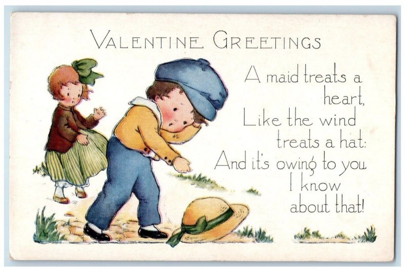 c1910's Valentine Greetings Woman Hat Fell Embossed Unposted Antique Postcard