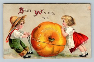 Thanksgiving Greeting - Unsigned Clapsaddle, Children Pulling Pumpkin Postcard 