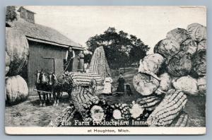 HOUGHTON MI EXAGGERATED FARM PRODUCTS IMMENSE ANTIQUE POSTCARD w/ CORK CANCEL