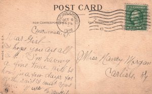 1916 Girl Holding a Letter Blue Dress Ribbon Forget Me Not Vintage Postcard