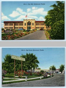 2 Postcards HOLLYWOOD, Florida FL ~ CITY HALL The Circle Street Scene c1940s